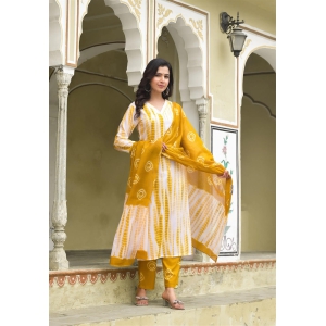 Yellow and White Tie Die printed Kurta Set with Bottom and Dupatta-S