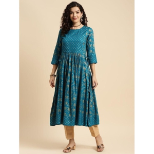 Rangita Women Rayon Turquoise Printed Calf Length Anarkali Kurti - None