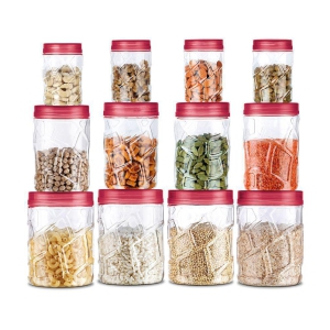 Milton Vitro Plastic Pet Storage Jar and Container, Set of 12 (4 pcs x 270 ml Each, 4 pcs x 665 ml Each, 4 pcs x 1.24 ltrs Each), Red Wine - Red