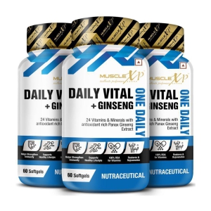 MuscleXP One Daily Vital + Ginseng Multivitamin with 24 Vitamins & Minerals + Panax Ginseng for Men & Women, 60 Softgels (Pack of 3)