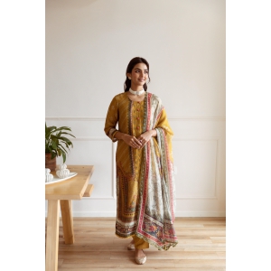 Women's Mustard Dola Silk Kurta Pantand Dupatta Set-XXL / Mustard