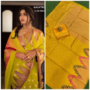 KHODAL ENTERPRISE Kanjivaram Kanchipuram Soft Silk Saree copper zari With Jacquard Blouse Piece for women - Yellow - Yellow