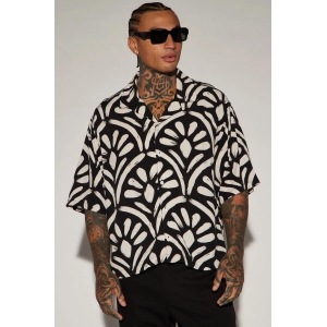 Shadow Drift Oversized Cuban Collar Shirt in Super Soft Heavy Rayon - Black & Grey-XL