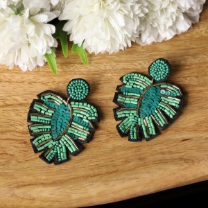 Falaq Green Seed Bead Palm Leaf Shaped Earrings