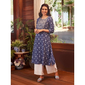 Rangita Women Rayon Blue Embroidered Calf Length A-line Kurti - None