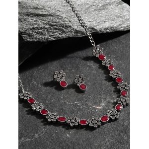 SILVER PLATED AMERICAN DIAMOND AND DESIGNER STONE NECKLACE AND EARRING SET