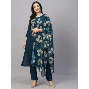 Blooms in Twilight: Floral Printed Dark Blue Kurta Pant Set with Dupatta - A Symphony of Style and Elegance-XXL