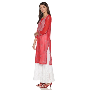 FCH, Lucknowi CHIKAN HANDWORK SOFT GEORGETTE KURTI-Red / L / GEORGETTE