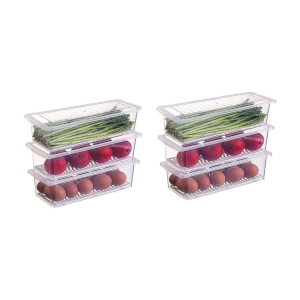 Vegetable and Fruit Storage Fridge container with lid and  Removable Drain Plate - Transparent Polyproplene Food Container ( Pack of 6 ) - Transparent