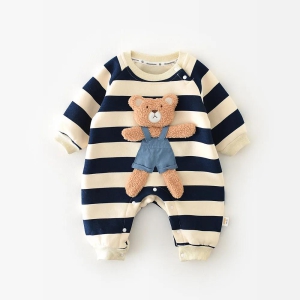 Cozy Striped Teddy Bear Romper-Navy Blue / 12 to 18 Months