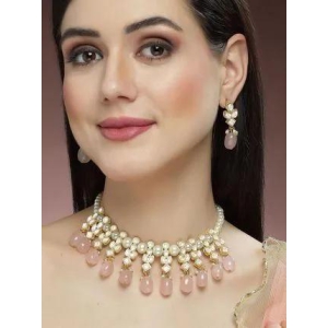 Karatcart Gold Plated Pink Tumble and Pearl Studded Kundan Necklace Set-Free Size