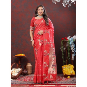 Red Soft Paithani Silk Woven Design Copper Zari Meenakari Weaving Saree