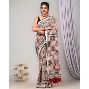 1752-Linen Saree Beige Handblock Printed With Running Blouse