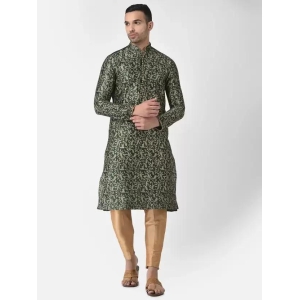 AHBABI Men's Printed Dupion Silk Kurta Pyjama Set Green-Golden-M