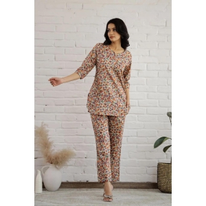 plus size Beige Cotton Paisley Printed Loungewear Set-XL