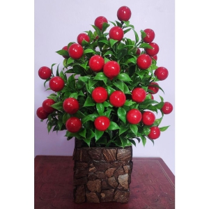 BAARIG - Red Cherry Blossom Artificial Flowers With Pot ( Pack of 1 )