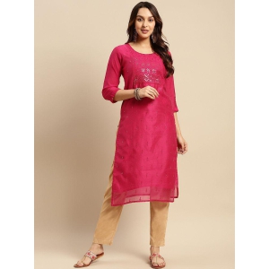 Rangita Women Chanderi Pink Sequin Yoke Embellished Calf Length Straight Kurti - None