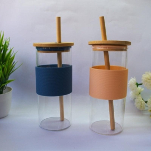 Eco-Friendly Glass Sipper with Bamboo Straw-Peach