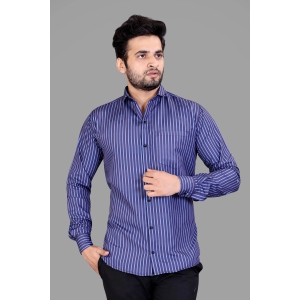 Navy Blue Cotton Blend Lining Print Casual Shirt-S