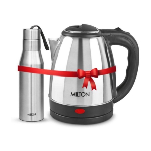 Milton Combo Set Go Electro Stainless Steel Kettle, 1.2 Litres, Silver and Super 750 Stainless Steel Water Bottle, 650 ml, Silver | Office | Home | Kitchen | Travel Water Bottle