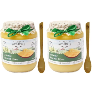 Farm Naturelle-A2 Desi Cow Ghee from Grass Fed Sahiwal Cows,Vedic Bilona method-Curd Churned-Golden, Grainy & Aromatic, Keto Friendly, NON-GMO, Lab tested, Glass Jar- (750ml+75ml Extra+Wooden Spoons.) x 2 Sets.