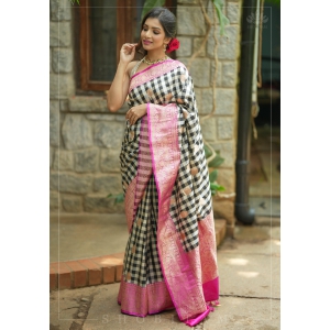 Pure Katan Silk Banarasi Saree in Black and White Checks with Contrasting Pink Borders  | SILK MARK CERTIFIED