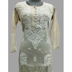 Off Fawn Chikankari Hand-Embroidered Cotten Lucknowi Kurta