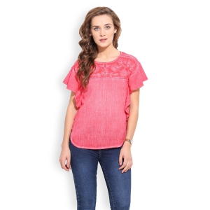 PORSORTE Women's Cotton Red Hand Embroidery Top-XL / RED