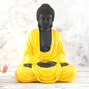 Hand Carved Sitting Buddha -35 CM,  Black ,Yellow