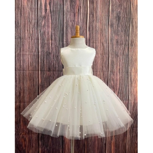 Girls White Pearls V-Back Knee Length Party Dress-1-2 Year