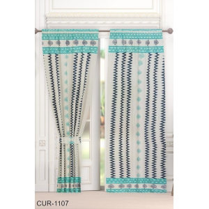 Blue Chevron Design Hand Block Printed Curtains(Set of 2)