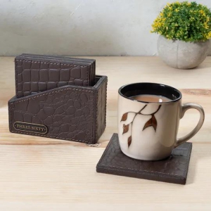 Coaster Set of 4 In Genuine Croco Leather Brown-Brown