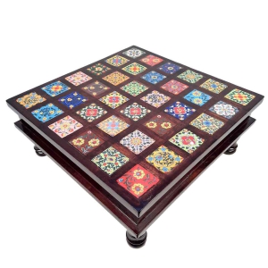 Wooden Chowki with Ceramic Tiles - For Home & Living Room Decor - 15 Inch