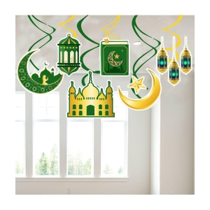 Zyozi 6 Pieces Ramadan Mubarak Decorations, Eid Mubarak Hanging Swirl Shining Gold Star Moon Lantern Ceiling Hanging Decor,Eid Mubarak Party Supplies - Green