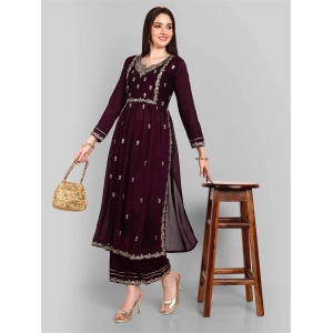 Women Embroidered Vichitra Silk kurta Pant set in Wine Color-XL