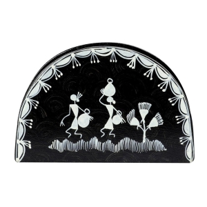 Hand-Painted Warli Art Semi-Circle Tissue Holder-black