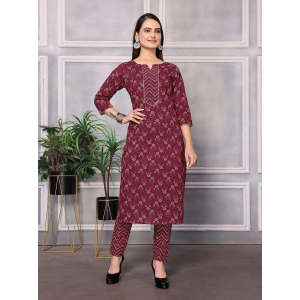 Rangita Women Cotton Maroon Floral Printed Calf Length Straight Kurti With Pants - None