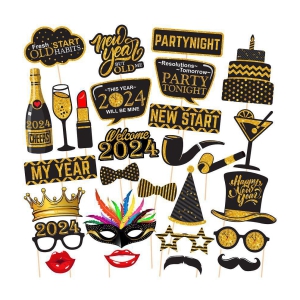 Zyozi 28 Pcs New Years Eve Photo Booth Props-2024 Photo Booth Props, New Years Eve Party Supplies 2024,Happy New Year Decorations 2024 - Black