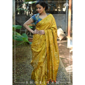 Exquisite Tanchoi Floral Banarasi Saree in Pure Silk Satin in Pale Mustard | SILK MARK CERTIFIED