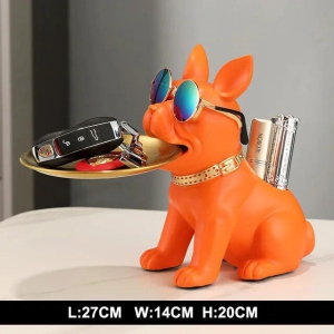 Fancy Bulldog Statue with Tray-Orange