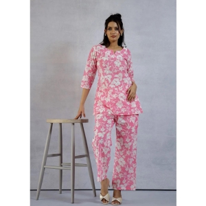 Plus size Pink Floral Printed Cotton Loungewear set-4xl