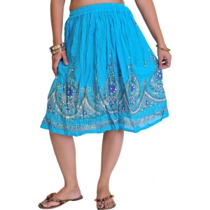 Hawaiian-Ocean Short Skirt With Printed Flowers and Embroidered Sequins