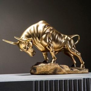 Decorative showpiece for Living Room Home/Office,Car Dashboard and Best Gift Golden Bull Statues Home Decor, 100% Golden Casting, Wall Street Bull Sculpture (21.5cm)