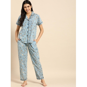 Blue Women Button Up Nightsuit-S