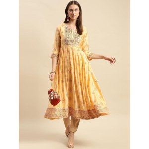 Rangita Women Yellow Yoke Embroidered Ethnic Print Calf Length Flared Kurti - None