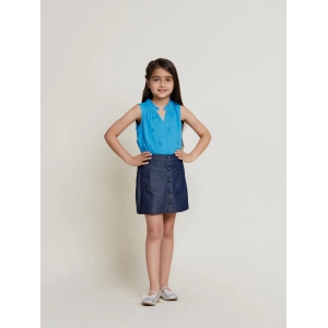 Samantha Sleeveless Flower Embroided Cotton Slub Girls Top - Blue-12-13Y