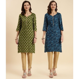 Rangita Rayon Printed Straight Womens Kurti - Green & Blue ( Pack of 2 ) - None