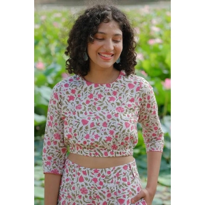 Okhai Azalea Hand Embroidered Handblock Printed Pure Cotton Crop Top-XS