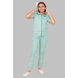 Girls Cotton Printed Night Suit Set Of Shirt & Pyjama With Pockets-9-10 years