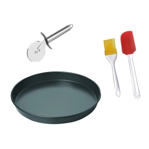 sakoraware Non-Stick Hard Anodized Teflon Coated Bakeware - Pizza Cake Pan Plate Combo with Silicone Brush Spatula Set and Pizza Cutter, (Black, 10 Inch/25 cm with 1.8 inch Height)
